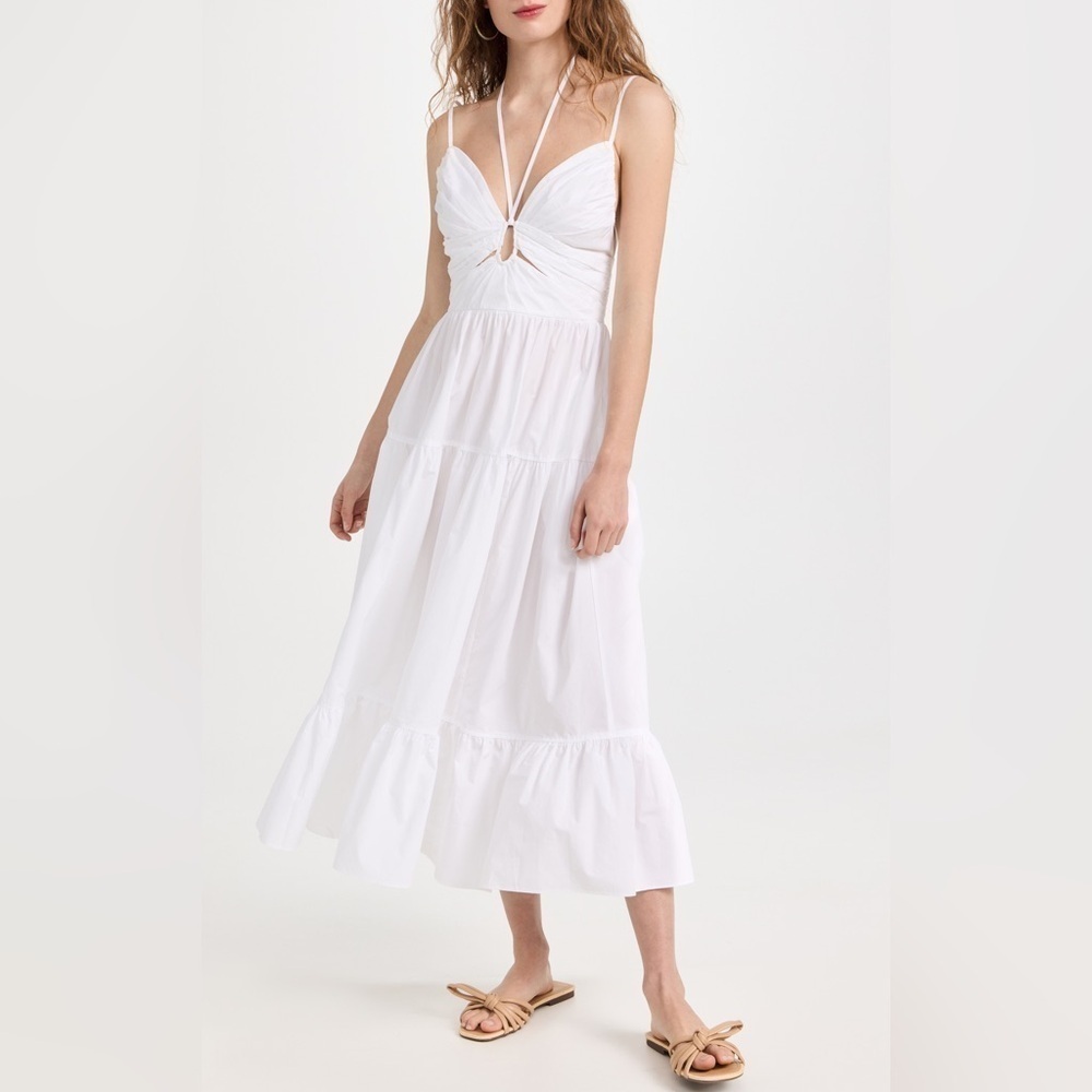 New Ulla Johnson Phoebe Tiered Cut Out Cotton Poplin Midi Dress White Sz 10